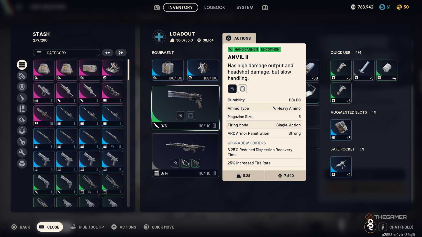 Loadout and inventory UI focusing on a Level II Anvil and showing its stat and armor penetration level in Arc Raiders.