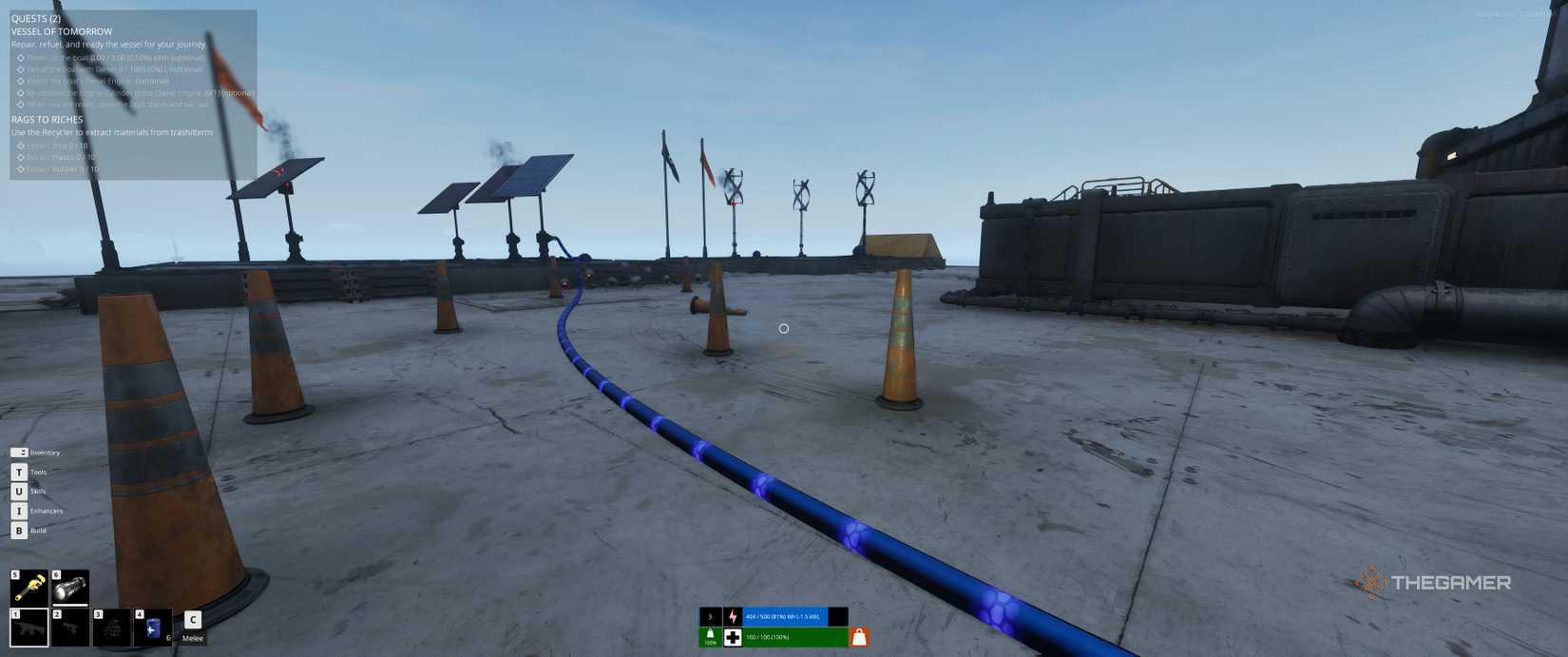 An electric cable snakes across the floor from some solar panels in The Last Caretaker.