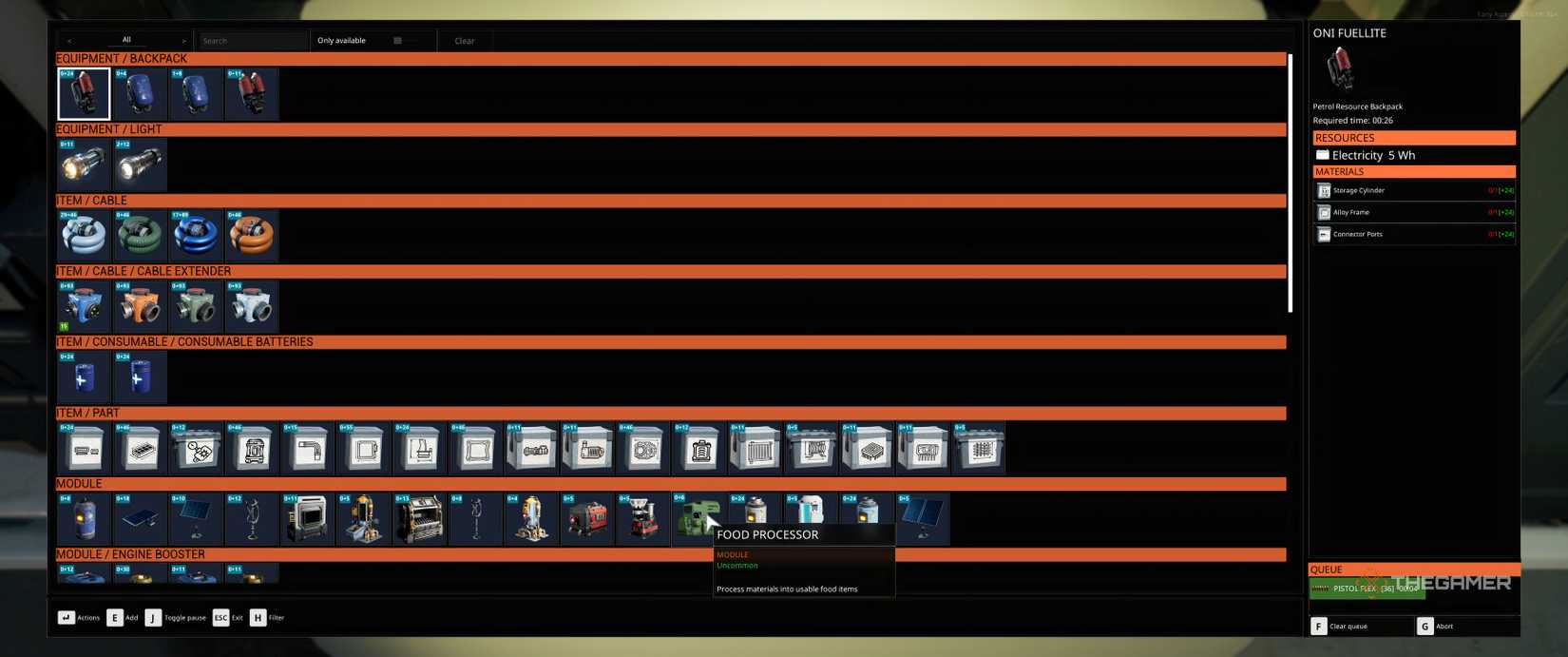 Fabricator Menu with some items unlocked in The Last Caretaker.