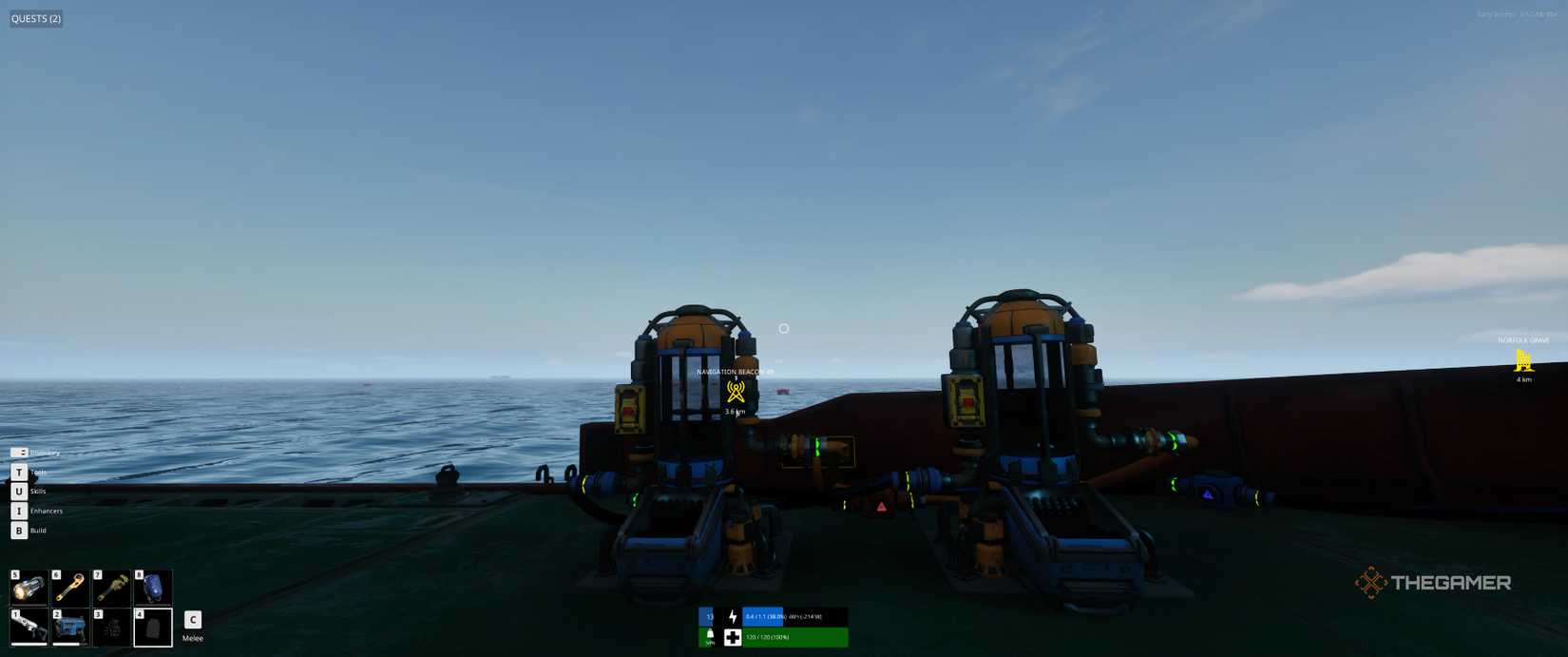 Two diesel generators side by side on a ship deck in The Last Caretaker.