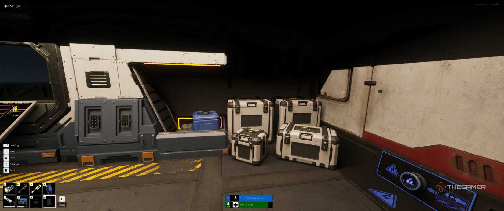 The interior of a ship with containers visible in The Last Caretaker.