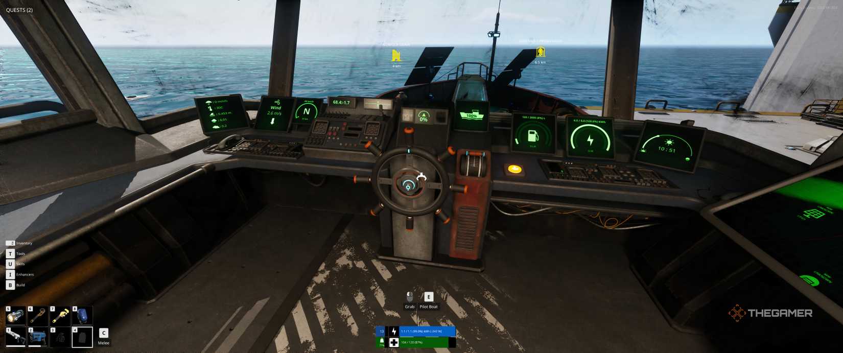 The ship's cabin with wheel and instruments visible.