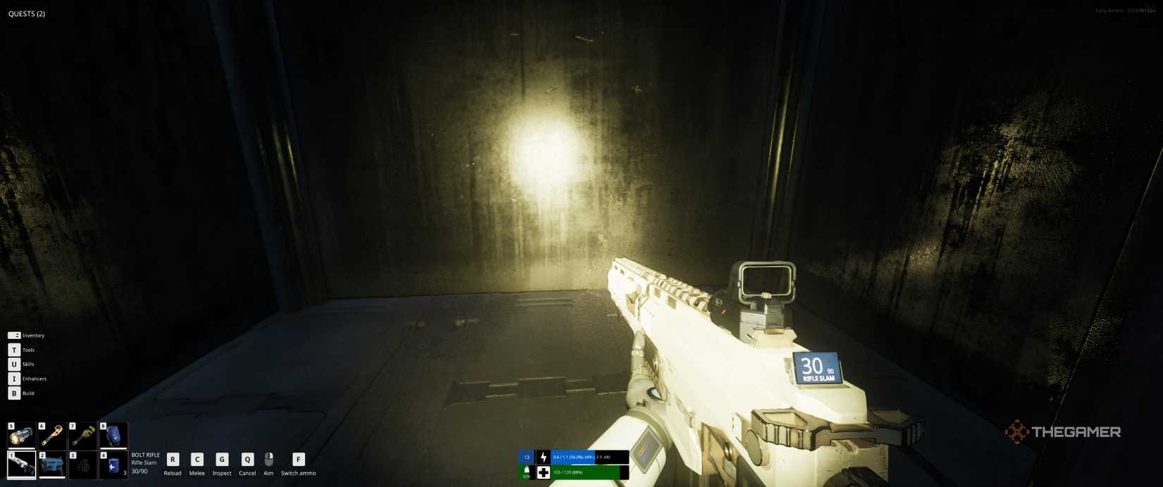 Aiming a rifle in The Last caretaker to explore a container.