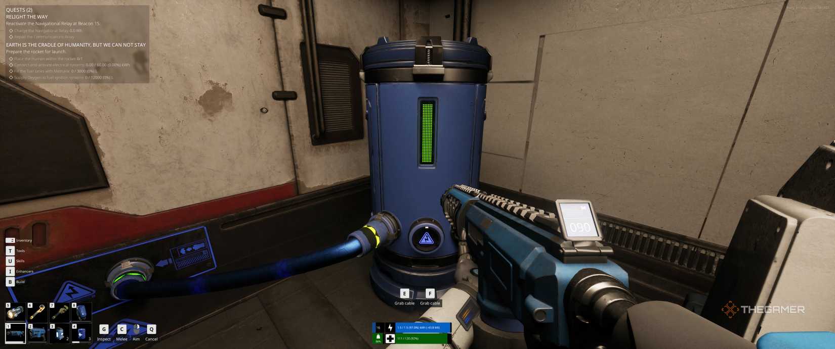 An electric pistol being charged from a large battery in The Last Caretaker.