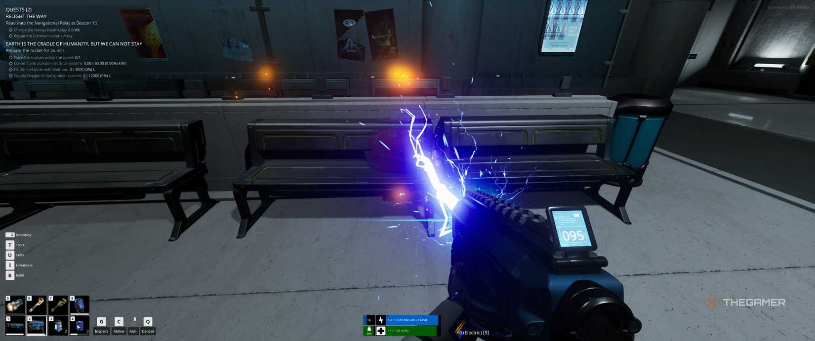 The electric rifle in action killing a slime under a bench in The Last Caretaker.
