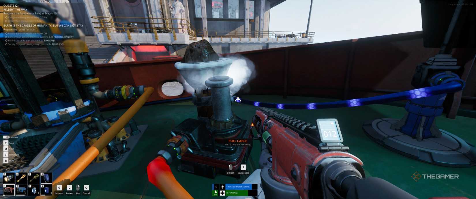 Charging a flamethrower from a petrol generator in The Last Caretaker.