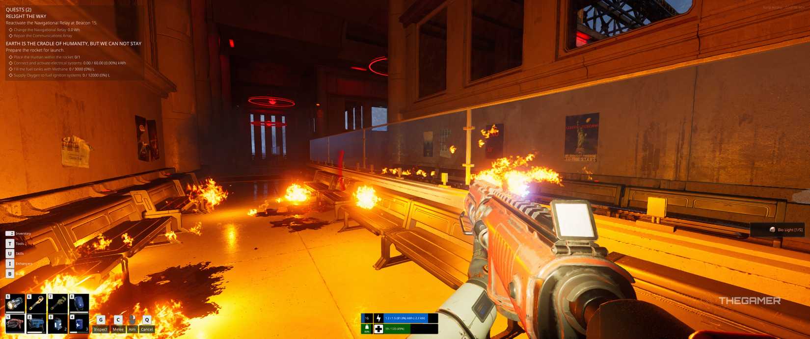 Setting slimes on fire with a flamethrower in The Last Caretaker.