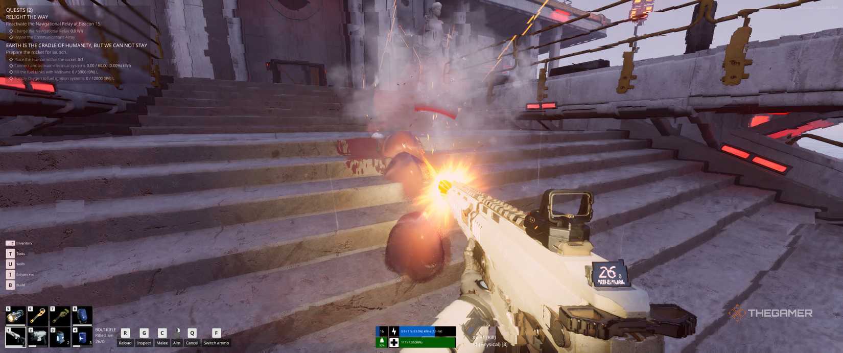 Shooting slimes with a bolt rifle in The Last Caretaker.