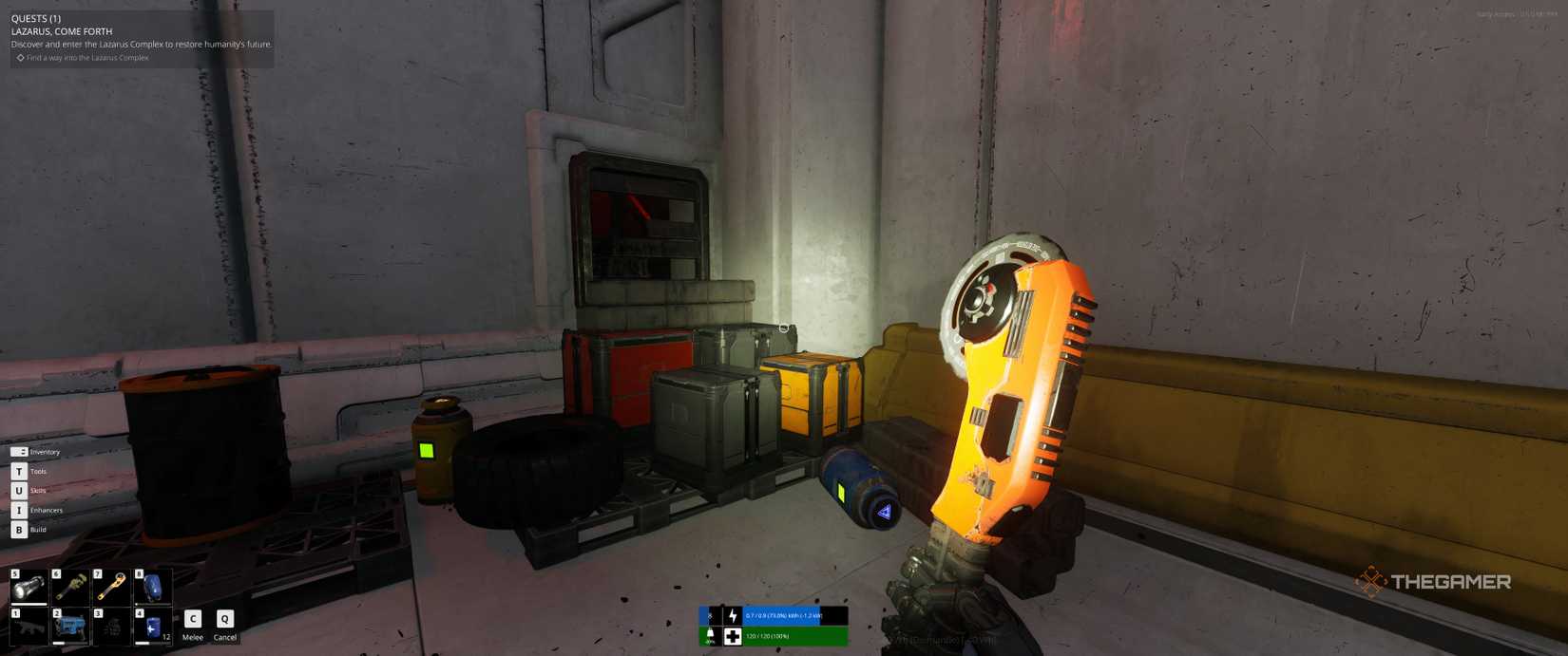 Crates in front of a vent on the right hand side of the lazarus complex in The Last Caretaker.