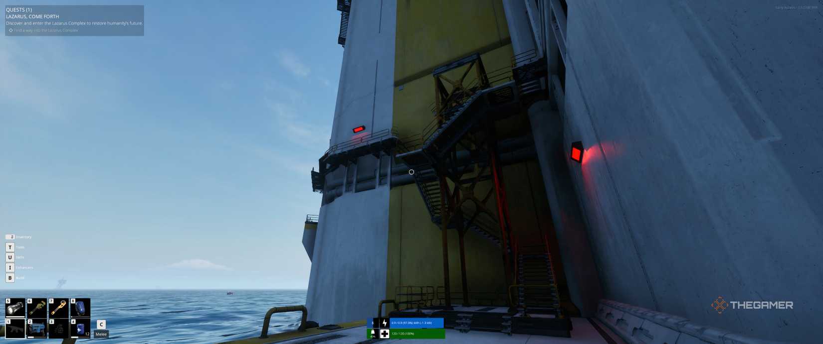 A metal staircase up the side of the Lazarus complex in The Last Caretaker.