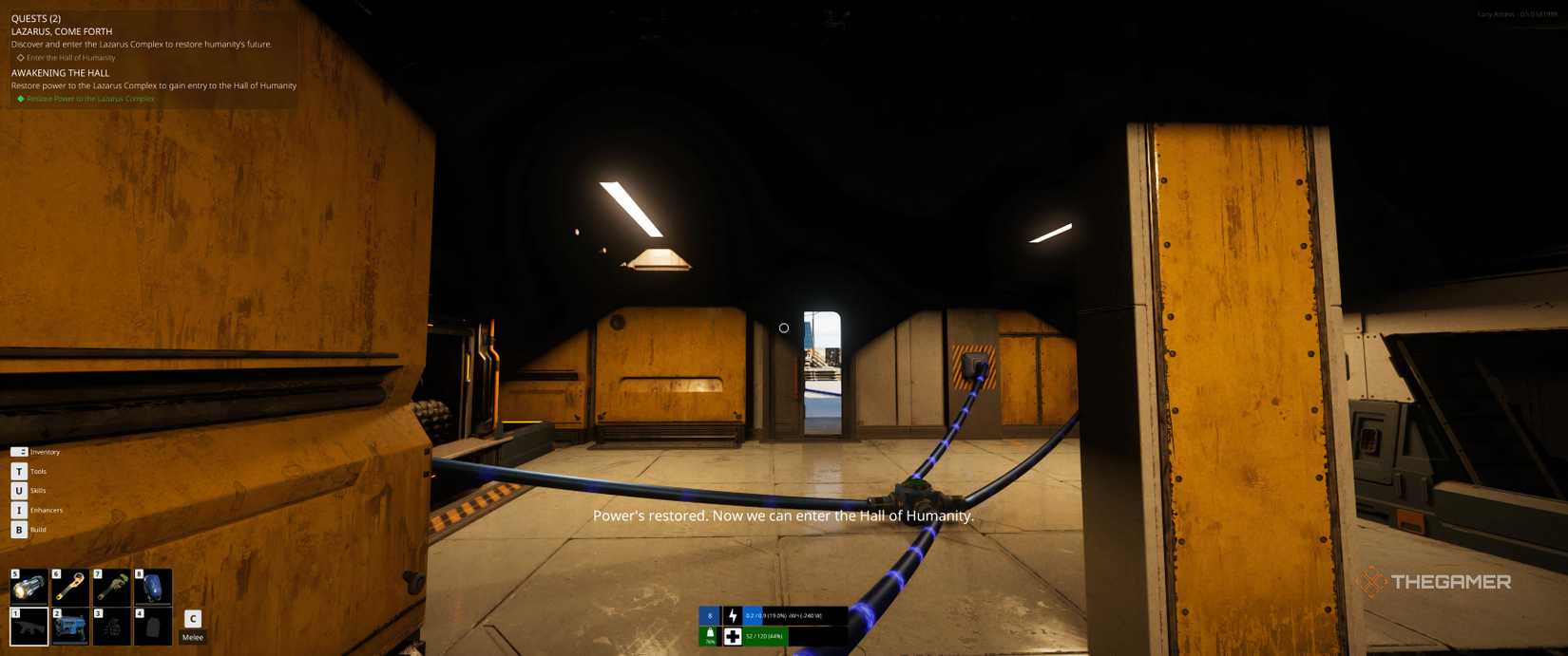 Quest completion text as the room powers up in The Last Caretaker.