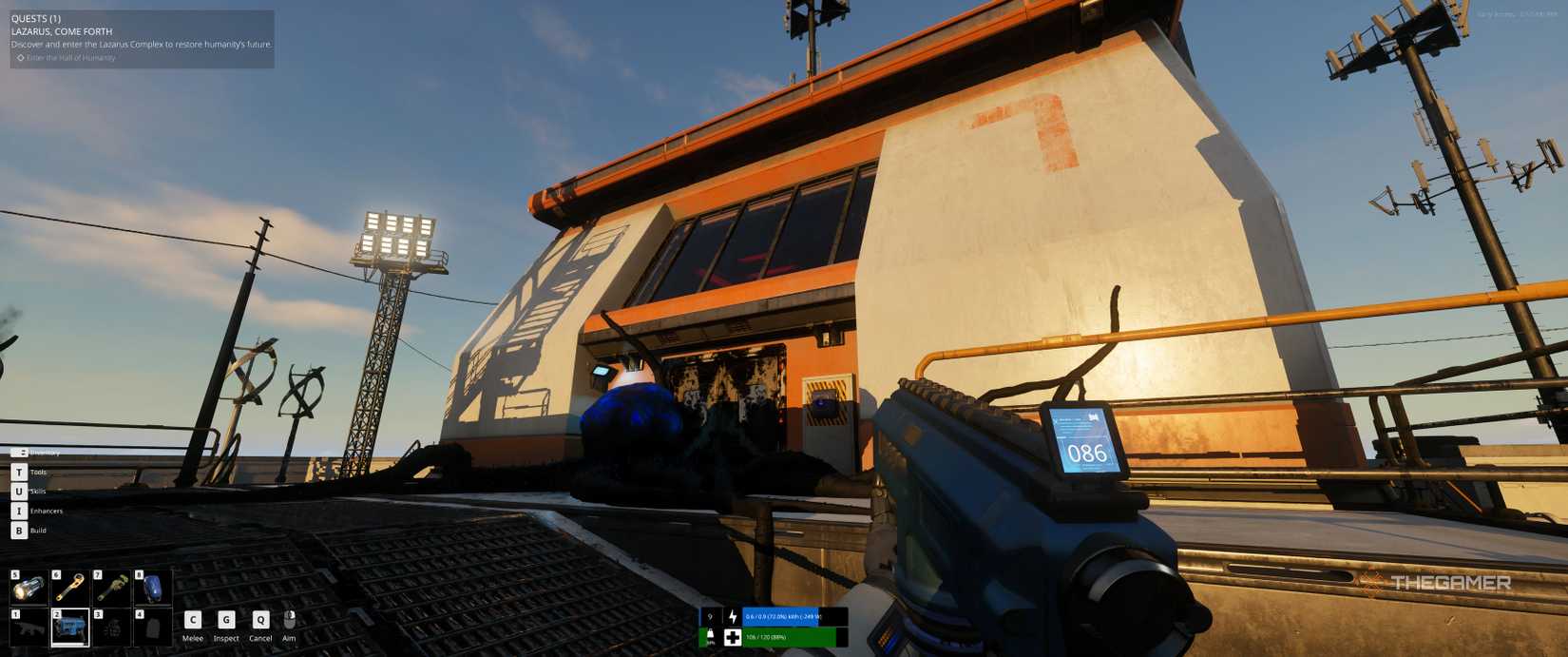 The main Lazarus complex building with a cocoon outside in The Last Caretaker.