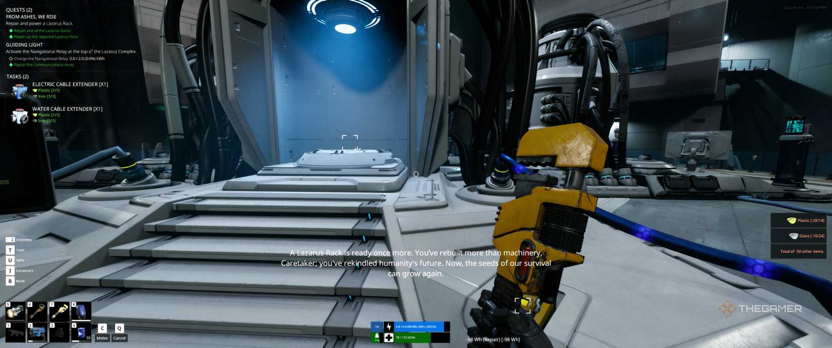 The Lazarus rack powering up as the quests change in The Last Caretaker.