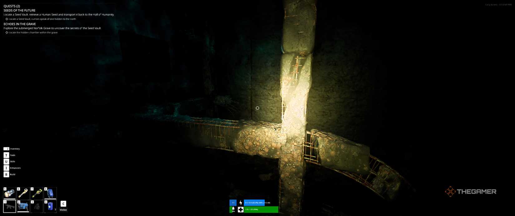 Central pillar in the underwater room of Norfolk Grave in The Last Caretaker.