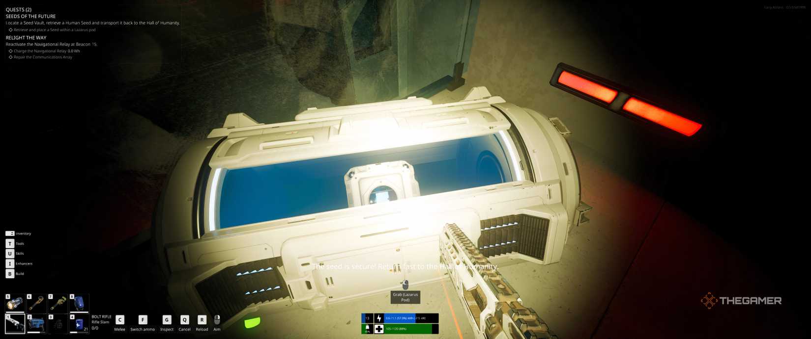 Human seed in a Lazarus pod on the floor in The Last Caretaker.