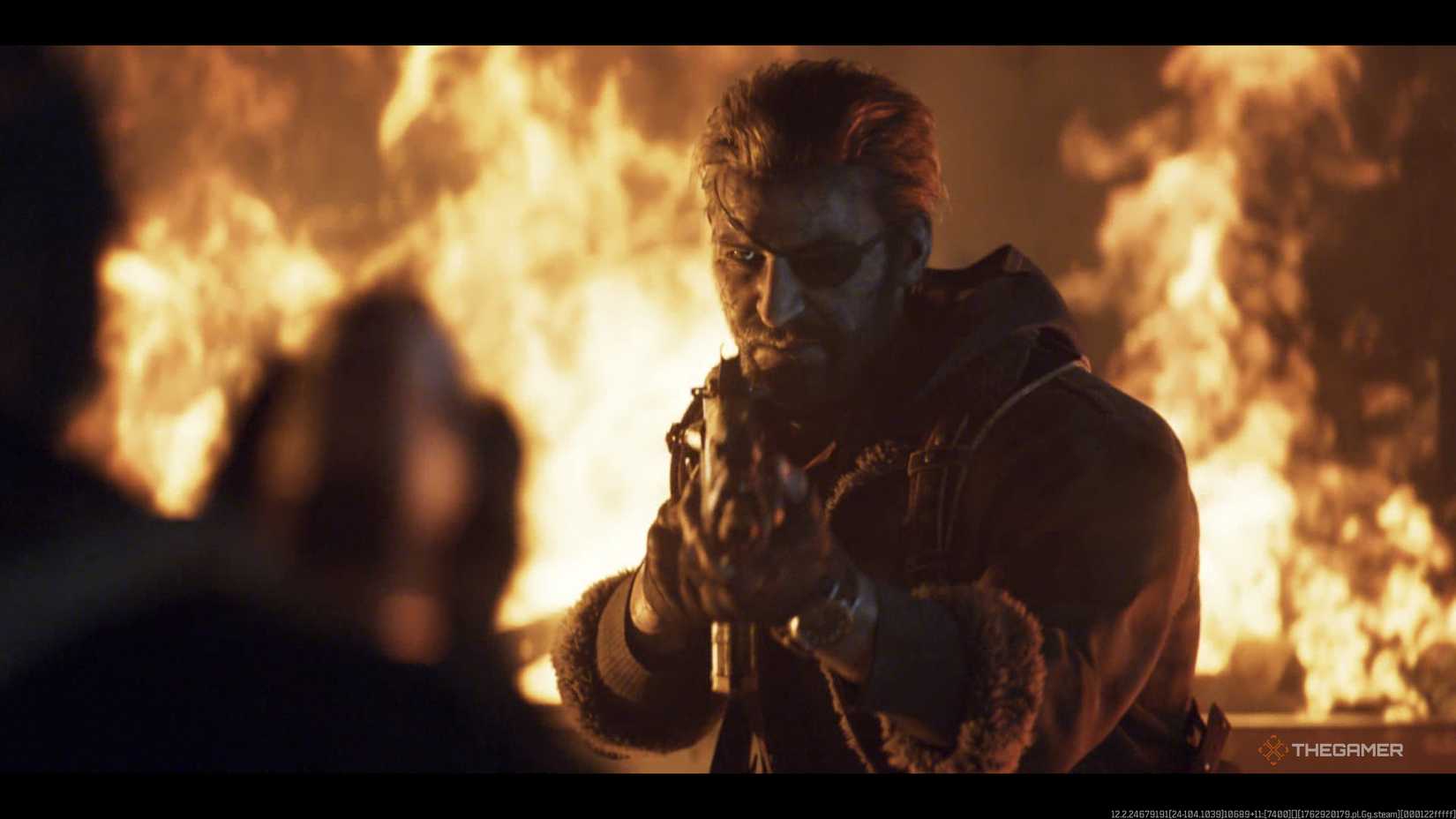 Call of Duty: Black Ops 7 Weaver standing in front of a raging fire with an assault rifle in hand.