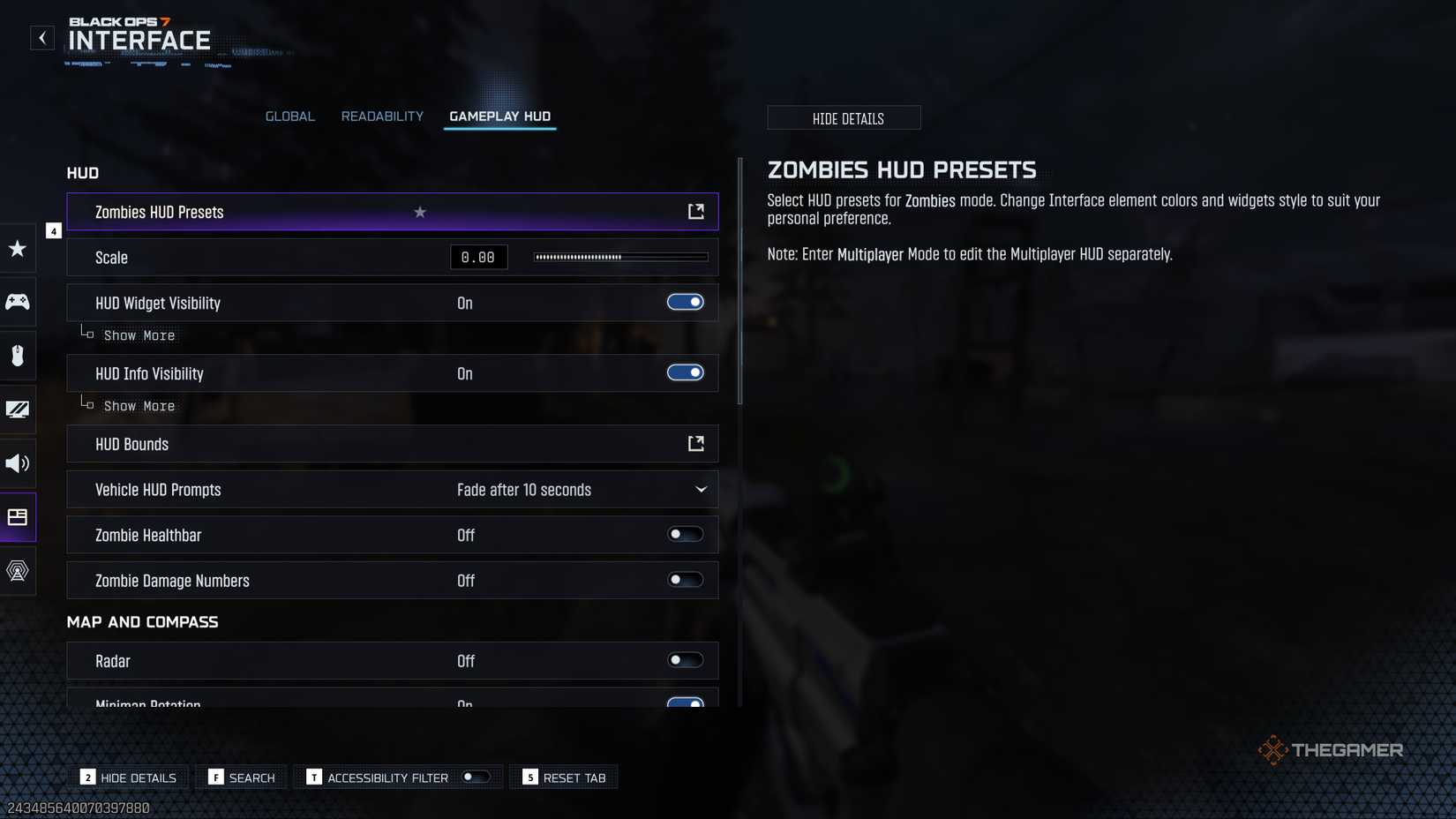 Black Ops 7 gameplay HUD menu in the interface tab.