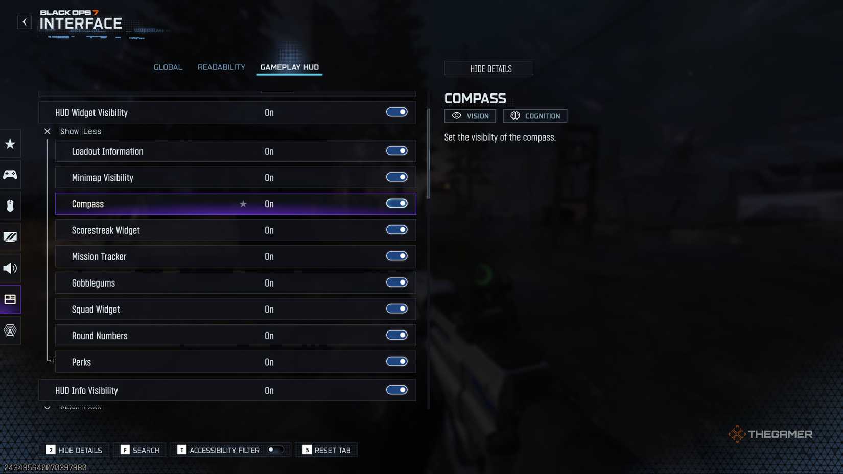 Call of Duty: Black Ops 7 gameplay HUD menu, with the widget drop-down menu showing.