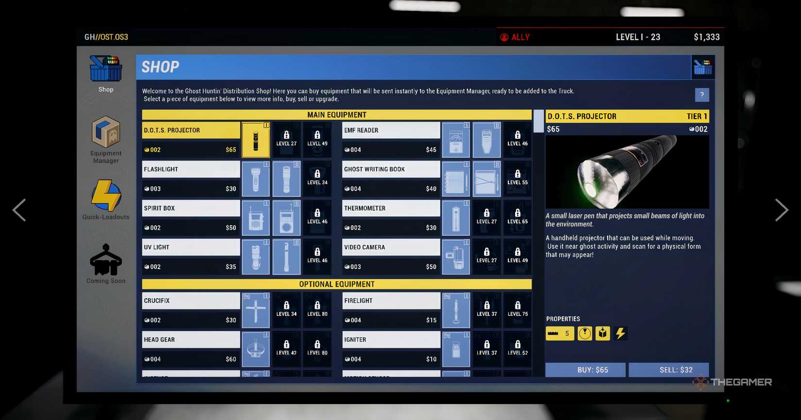 Shopping for equipment in Phasmophobia.