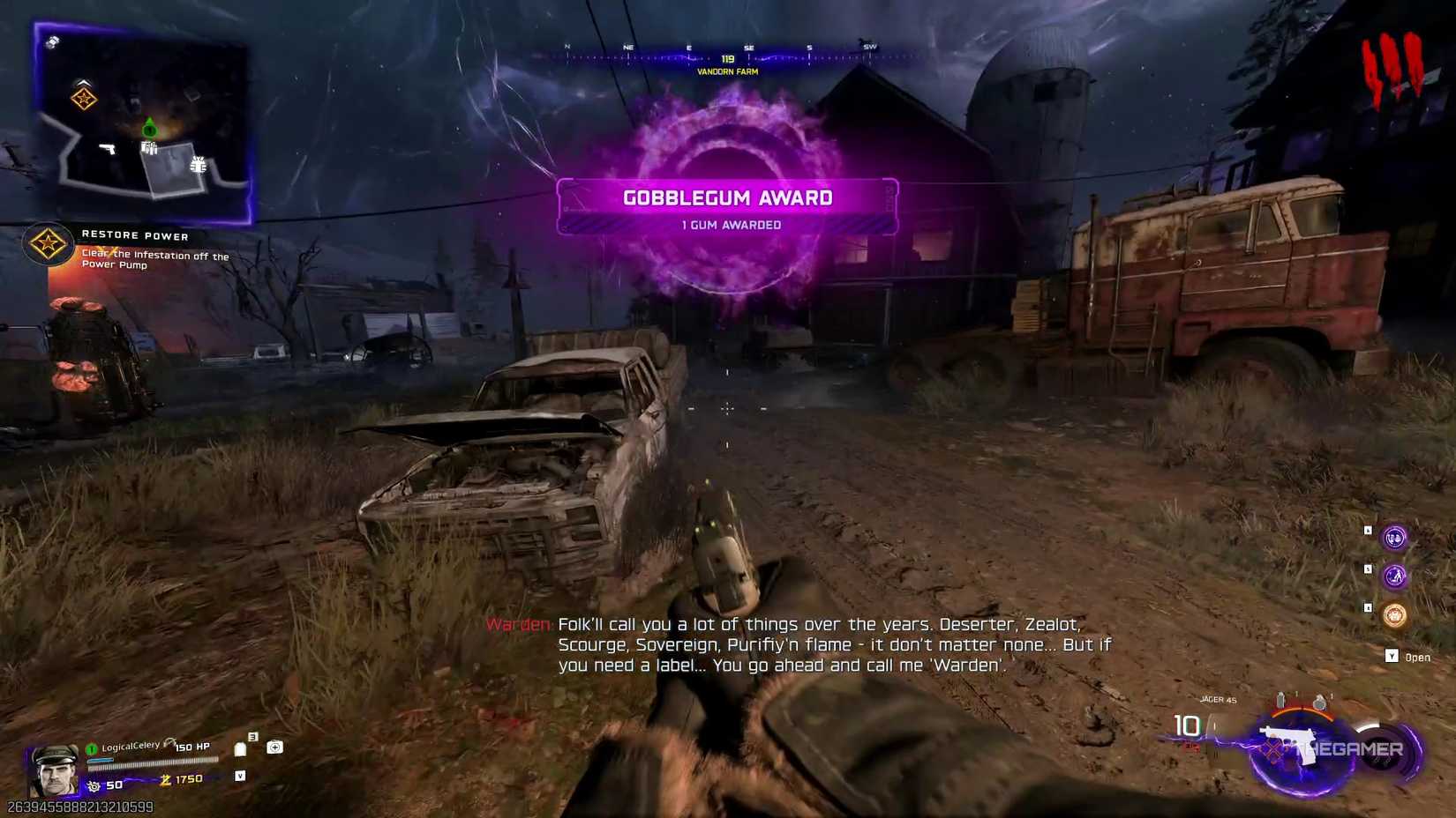 Black Ops 7 Zombies player at the farm, with a pop-up at the top of the screen telling them that they have been awarded one GobbleGum.