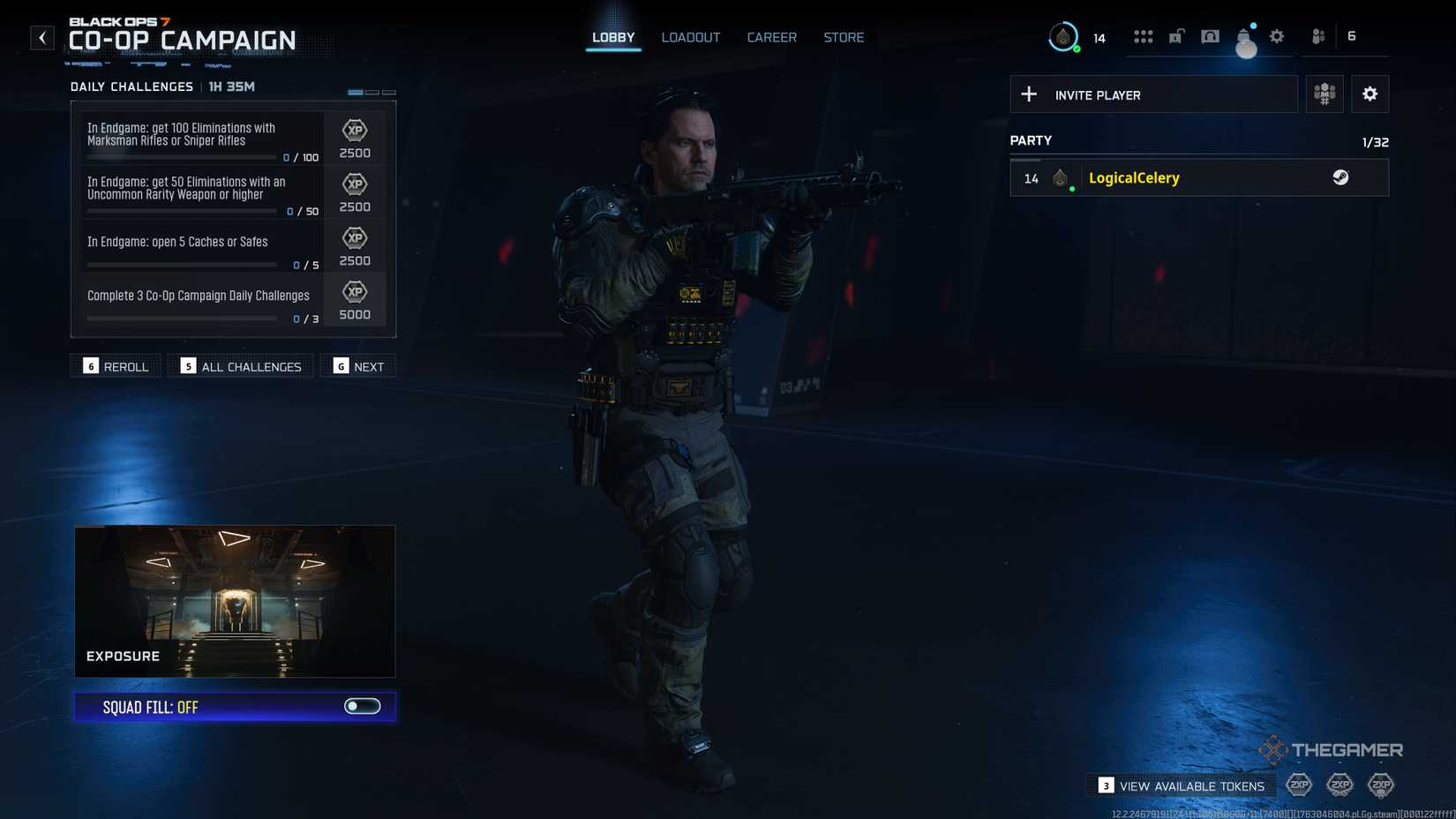 Call of Duty: Black Ops 7 co-op campaign main menu with Squad Fill highlighted.