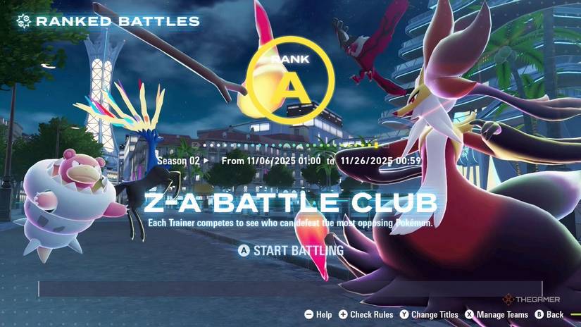 Rank A screen on Ranked Battles Menu in Pokemon Legends: Z-A.