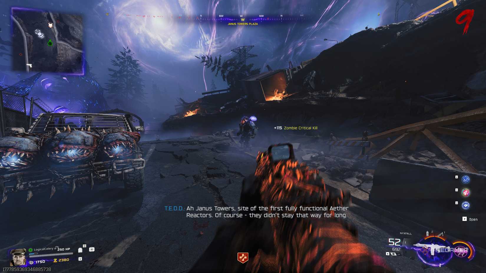 Black Ops 7 player looking at an Uber Klaus on a main road outside Janus Towers.