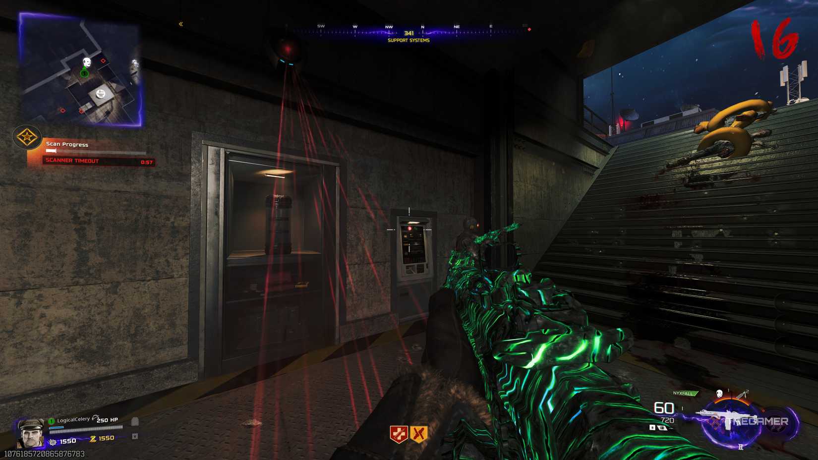 Black Ops 7 player in a scanner, while Klaus guards the stairwell.