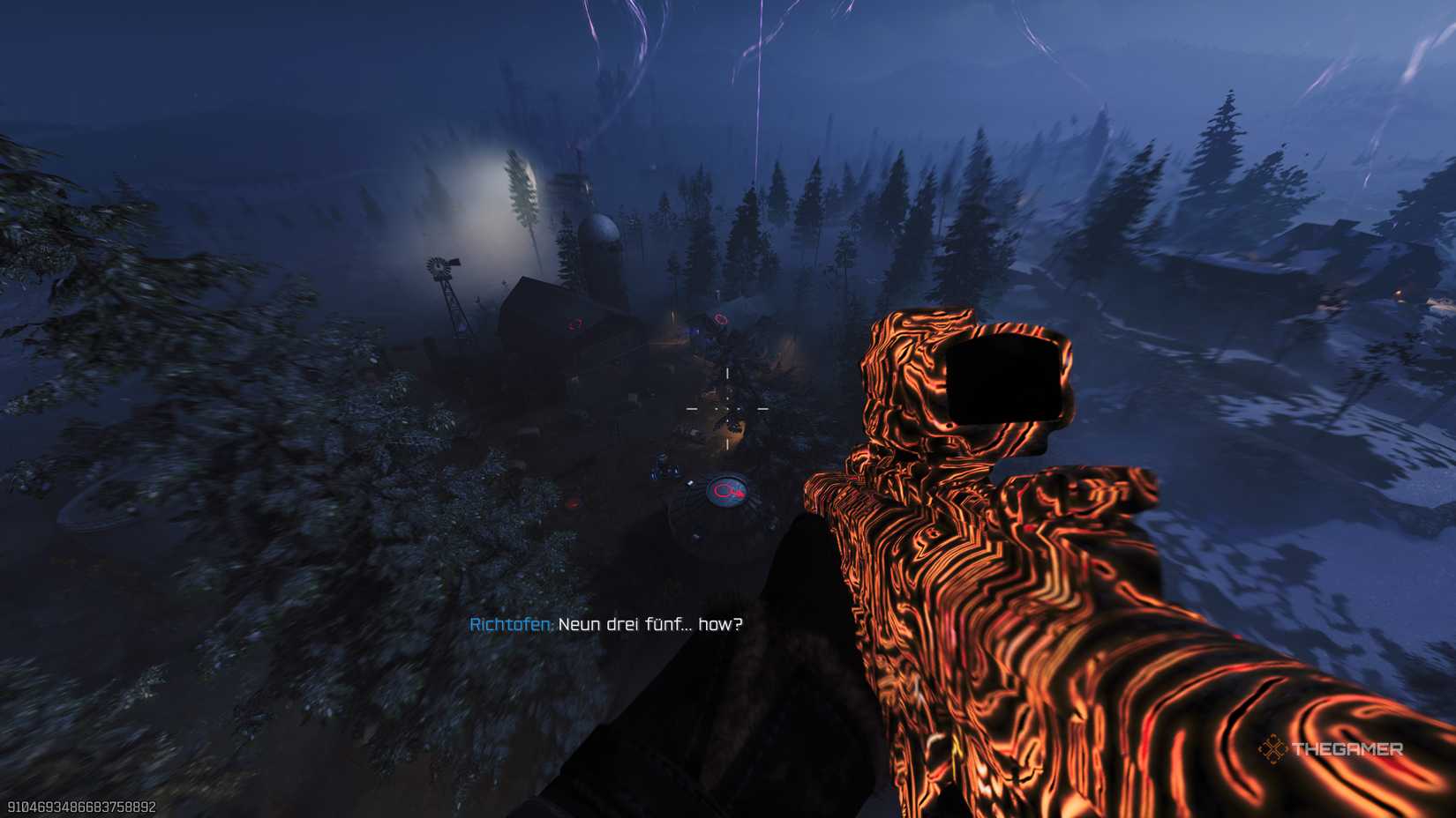 Black Ops 7 player in the air looking at strange symbols on the farm rooftops.