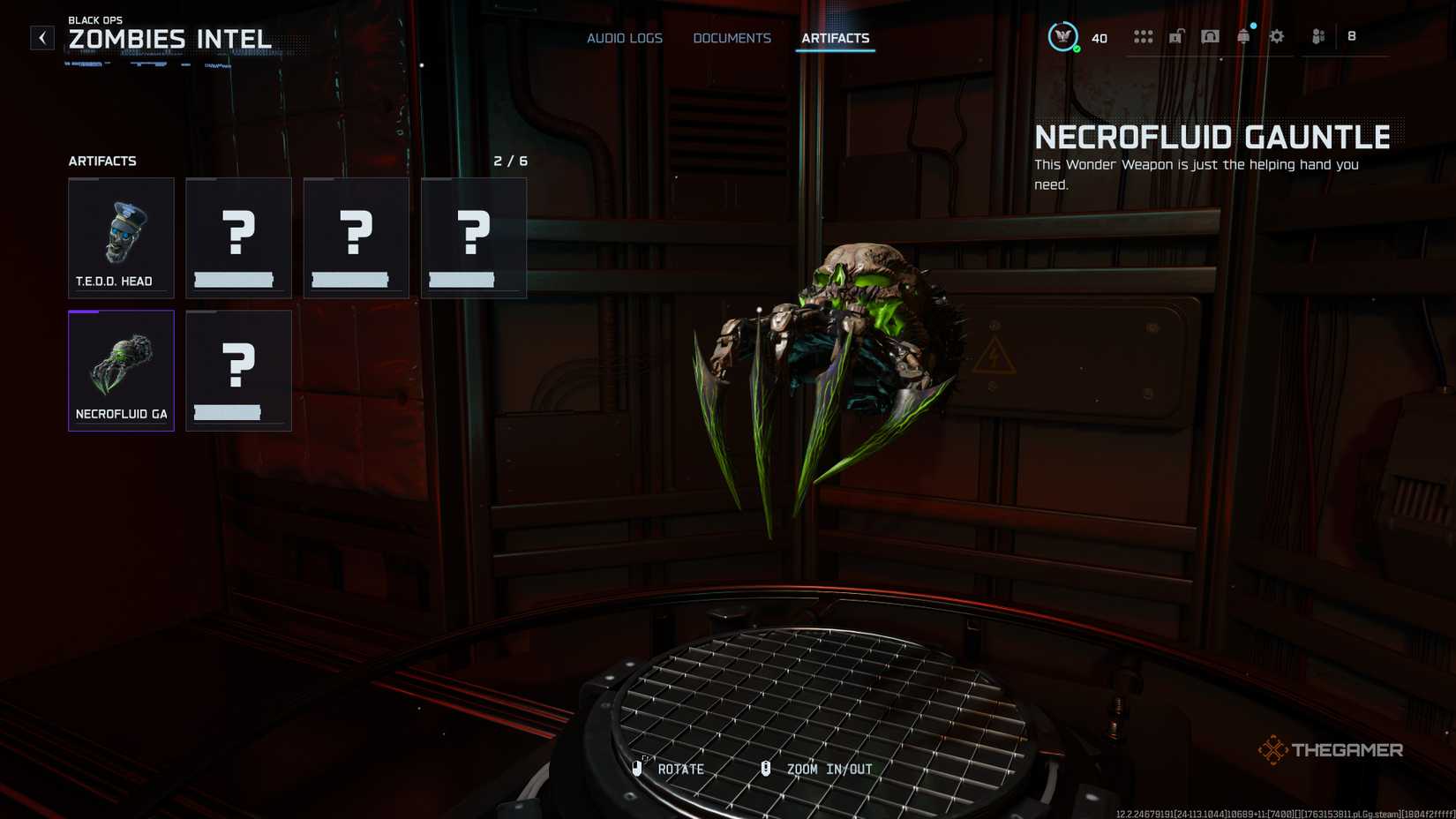 Black Ops 7 Necrofluid Gauntlet intel on the artifacts menu.
