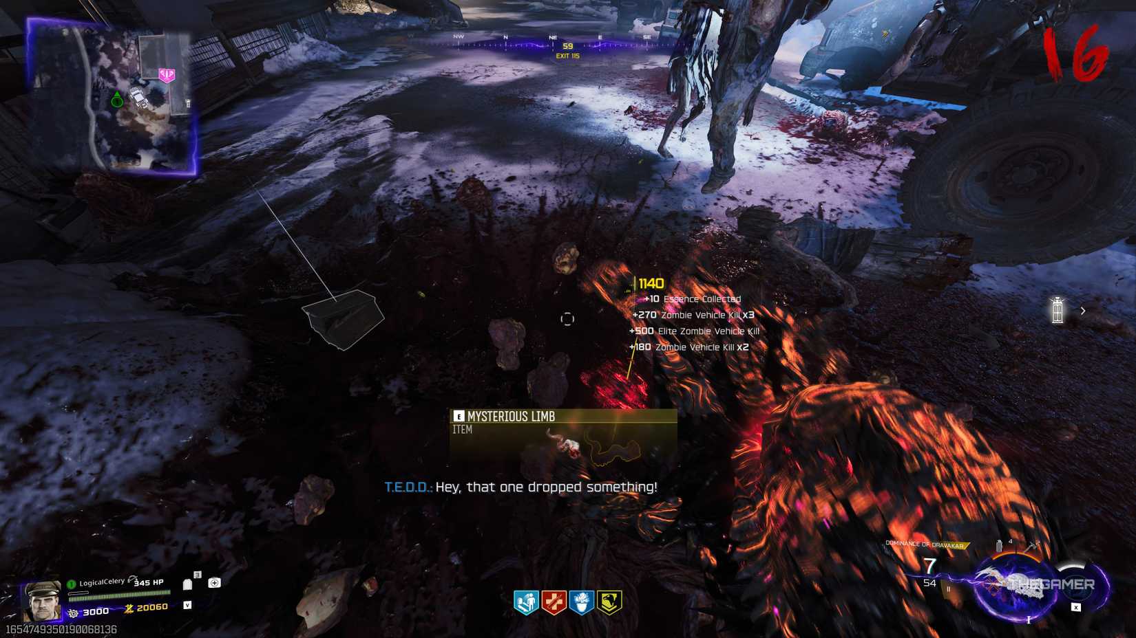 Black Ops 7 player looking at a Mysterious Limb in a pile of guts.