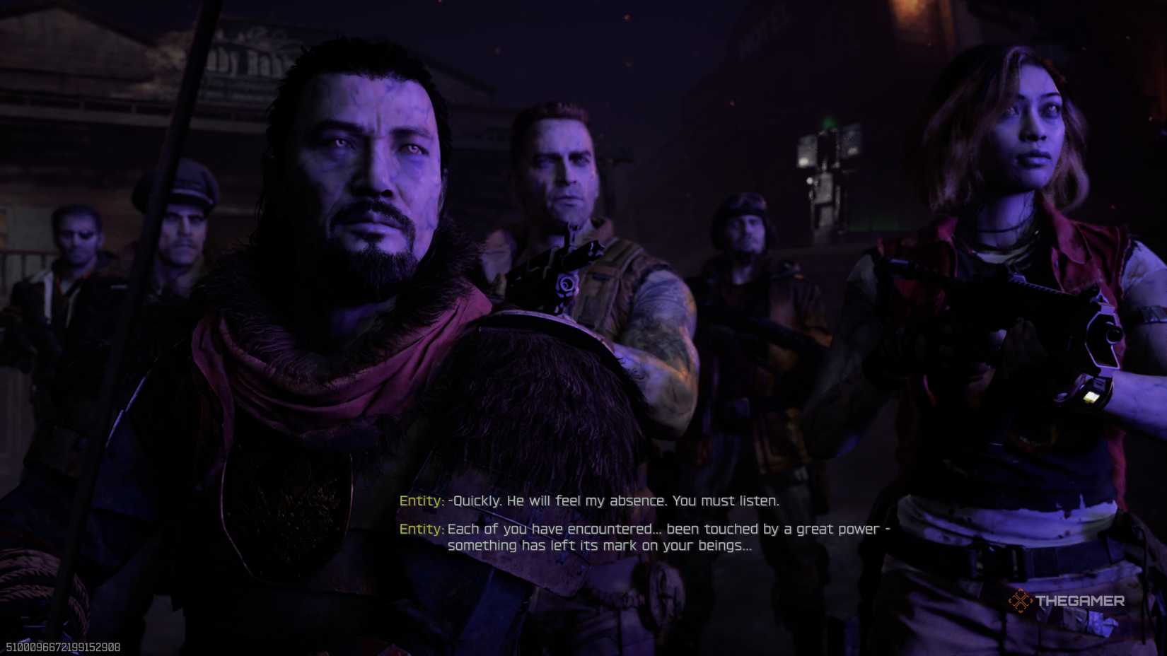 Black Ops 7 Aether crew lit up in purple as they speak to the Entity.