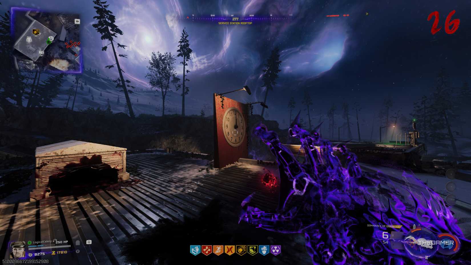 Black Ops 7 player looking at a clock on the service station rooftop.