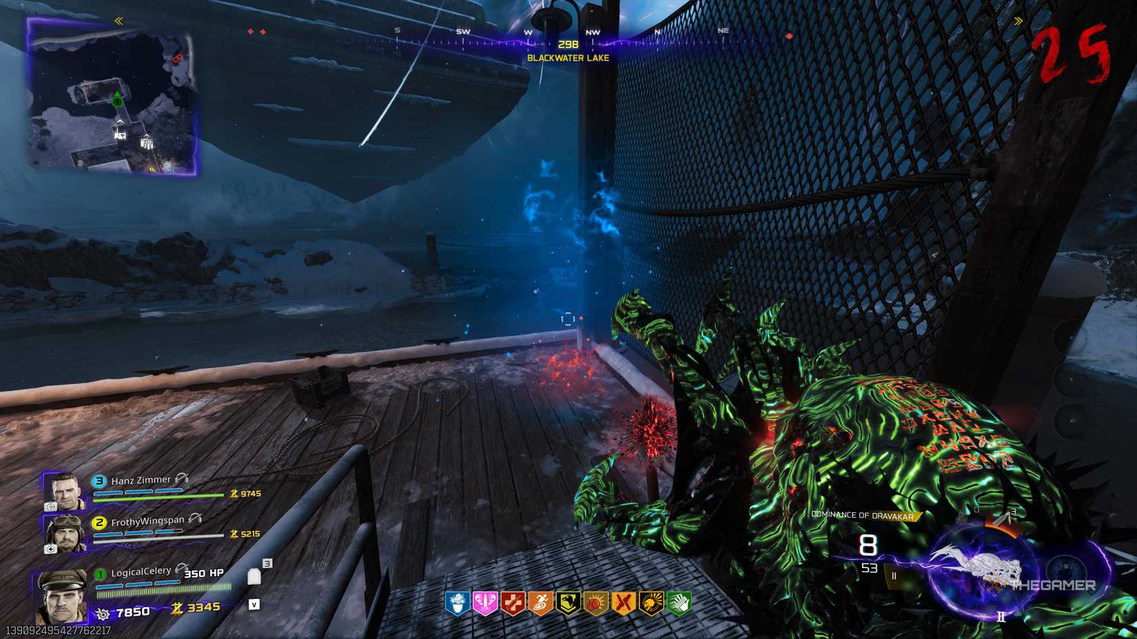 Black Ops 7 player at Blackwater Lake, standing on a platform and looking at blue energy.