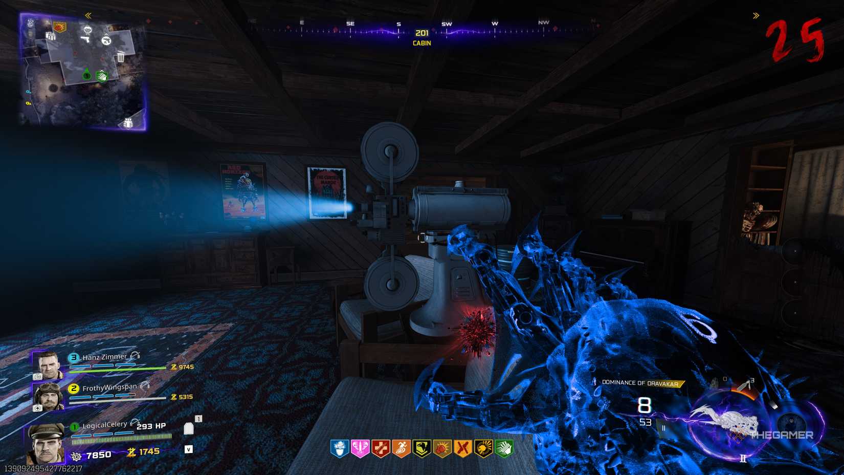 Black Ops 7 player looking at a projector in a cabin.