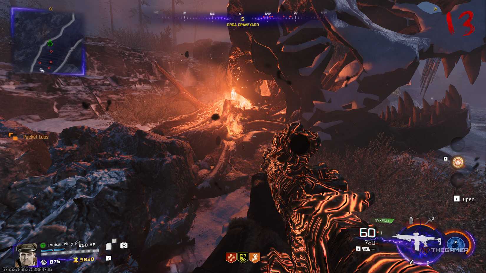 Black Ops 7 player looking at a fire behind a T-Rex skull.