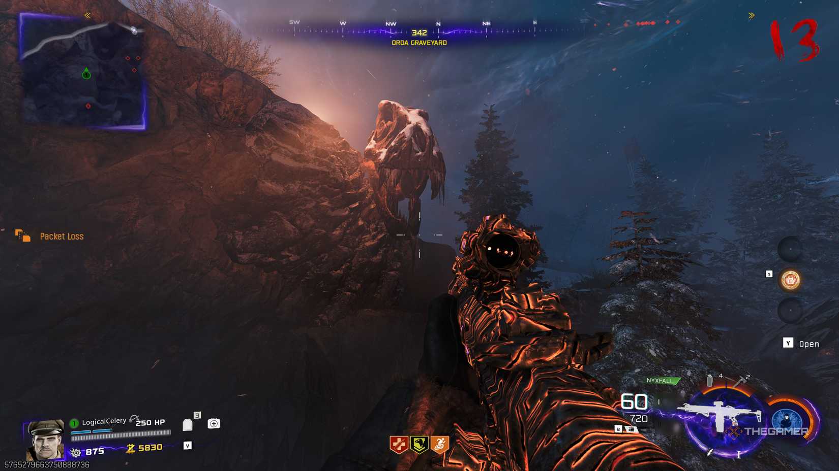 Black Ops 7 player looking at a T-Rex skull on a cliff.