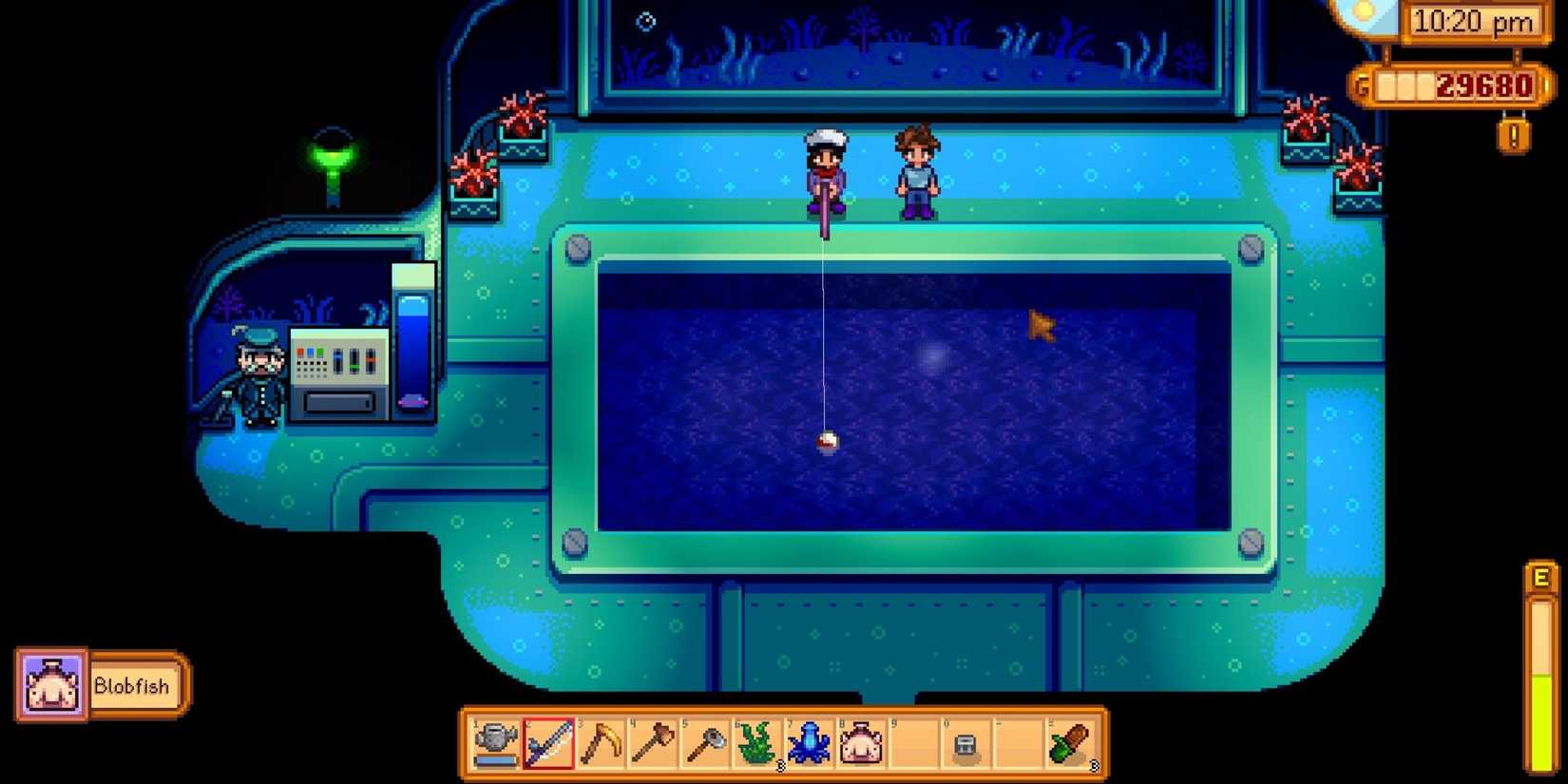 player fishing in night market submarine for a blobfish