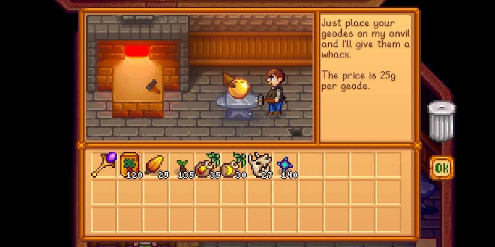 player at the blacksmith, interacting with Clint to crack open a golden coconut