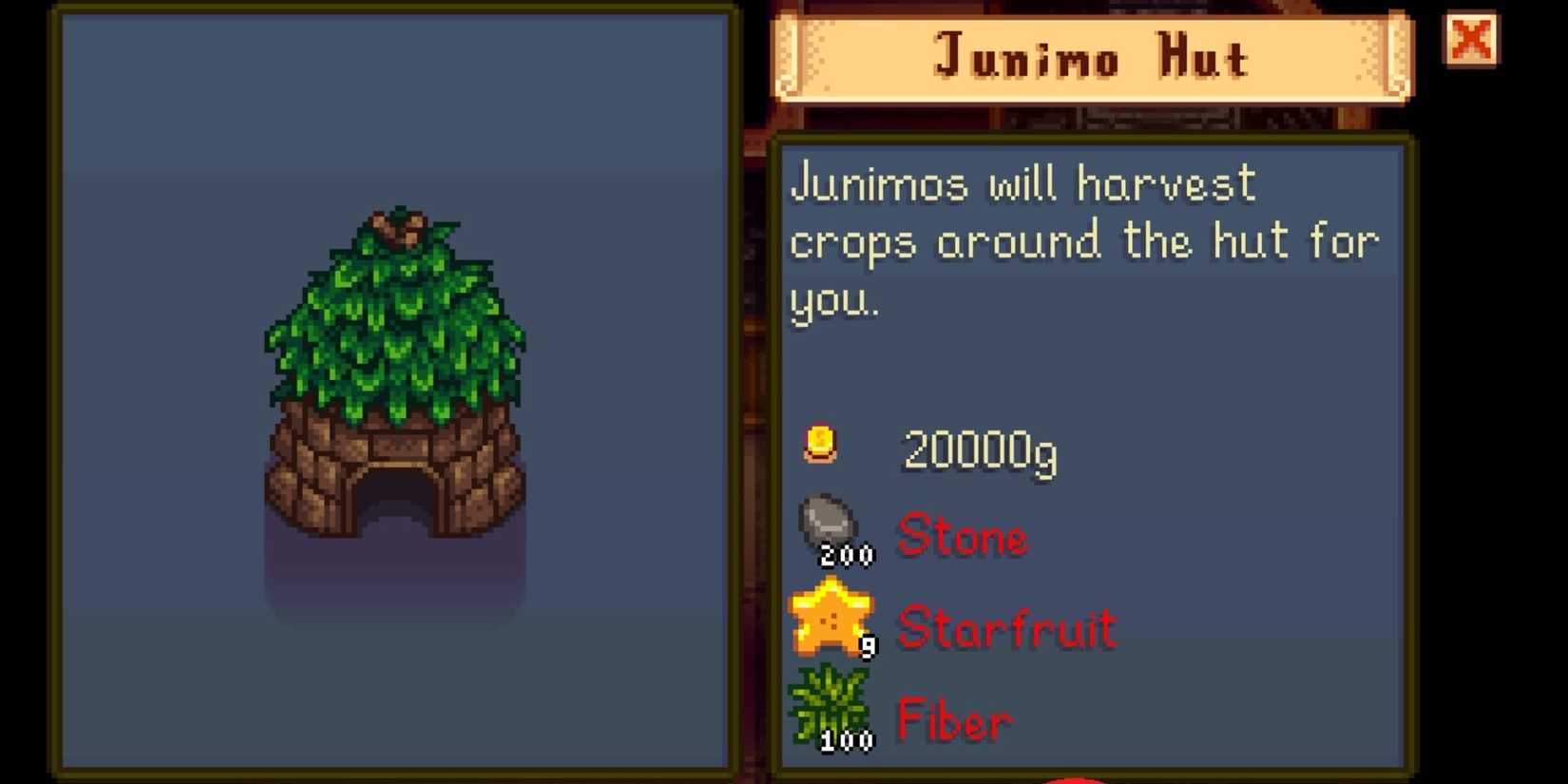 Junimo Huts building menu in the Wizard Tower.