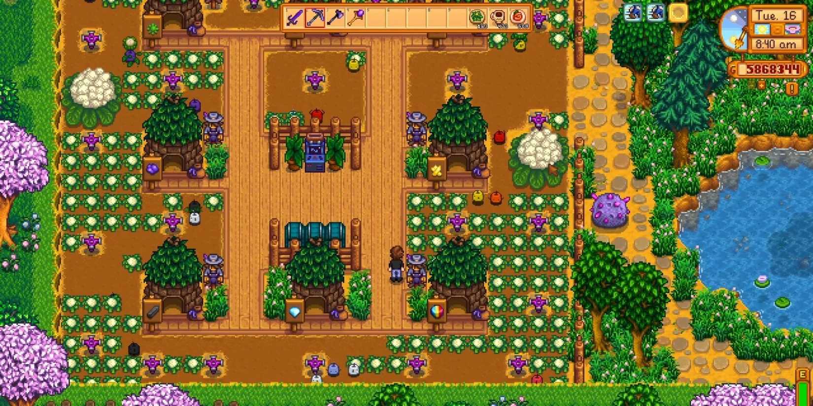 junimo huts in stardew valley with several cauliflower plants.