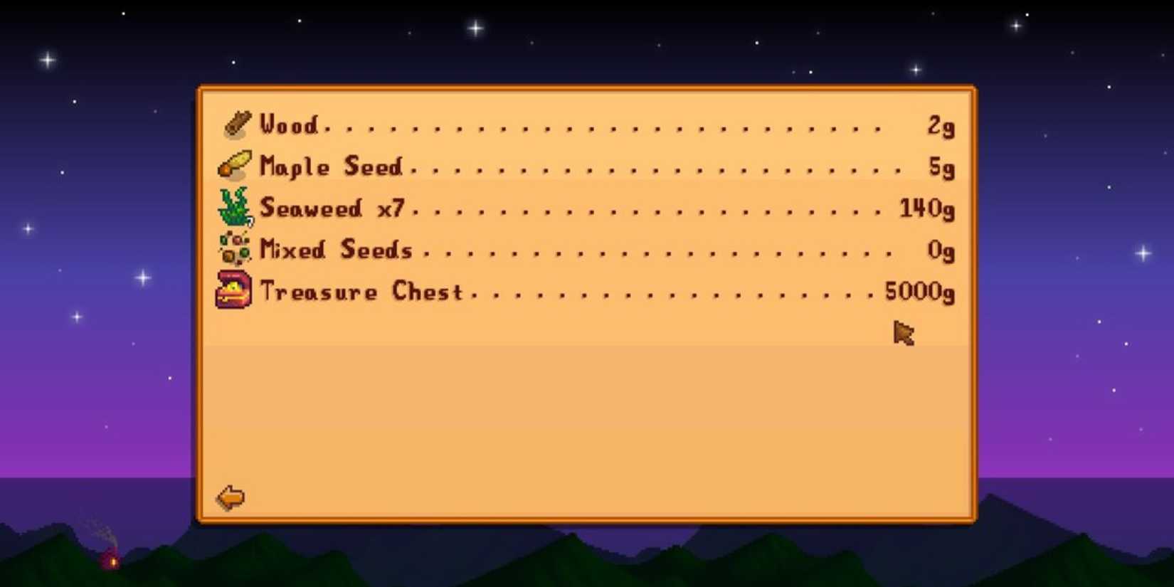 The Stardew Valley end of day sales sheet with treasure chest added for 5,000g.