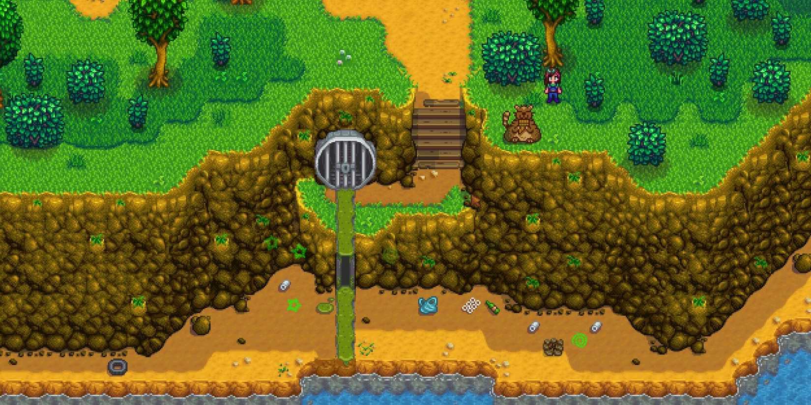 Trash Bear sitting near sewer with player in Stardew Valley