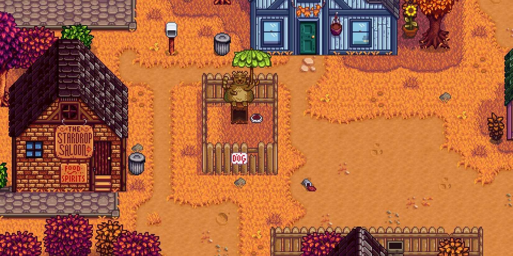 Trash bear floating with umbrella over pelican town in Stardew Valley