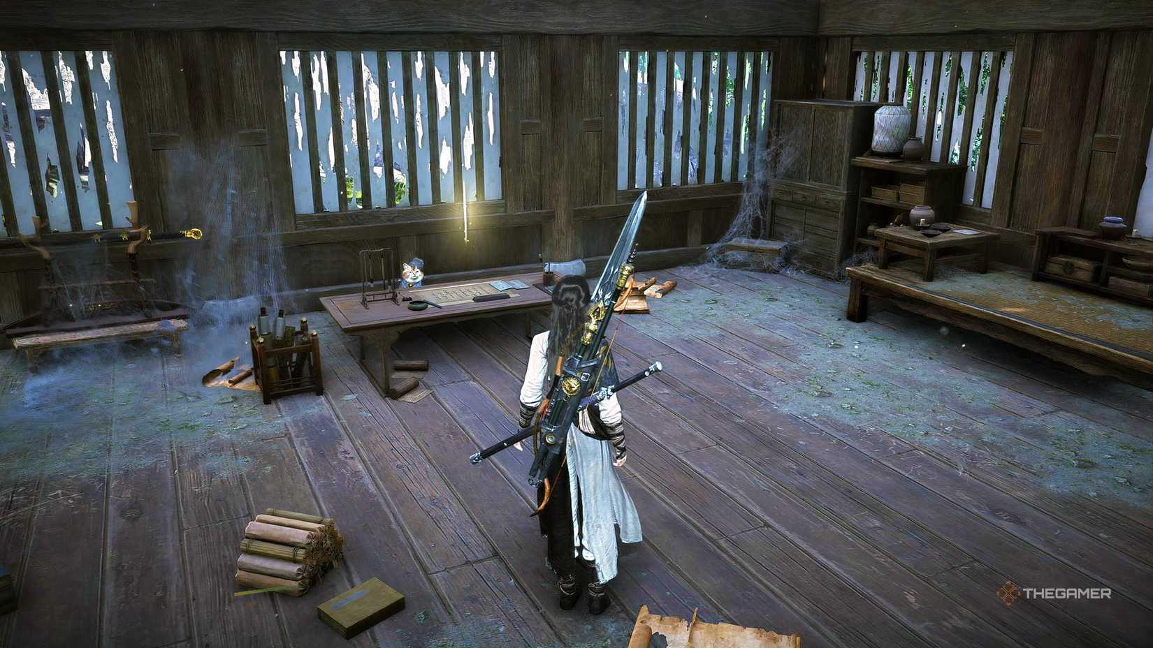 A cat sat behind a table in a house in Where Winds Meet.