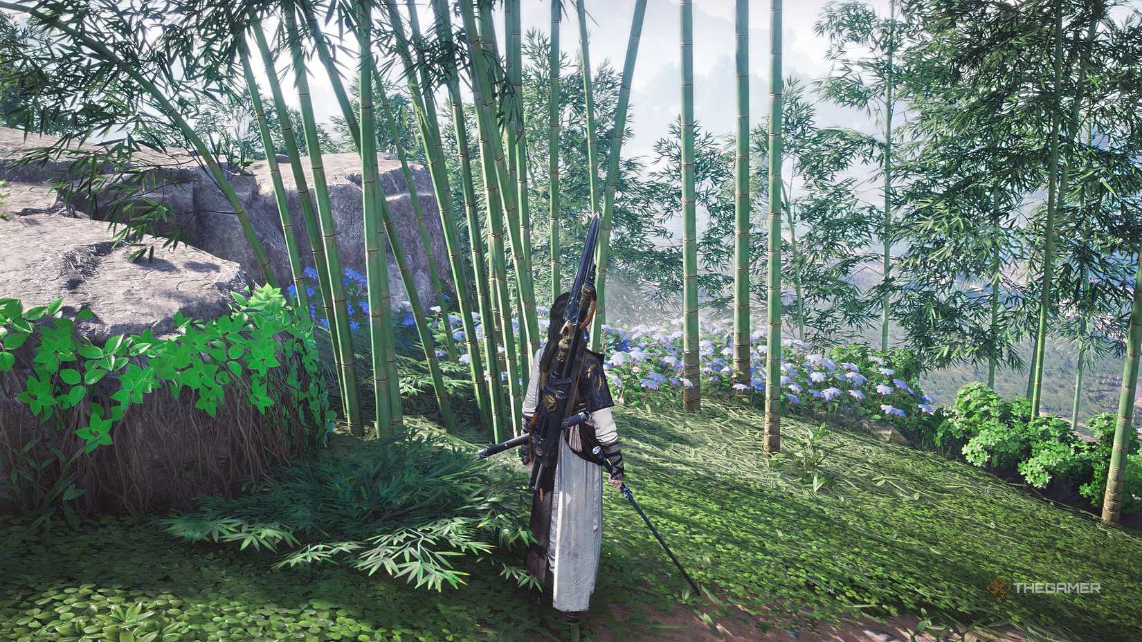 A character in front of bamboo in Where Winds Meet.