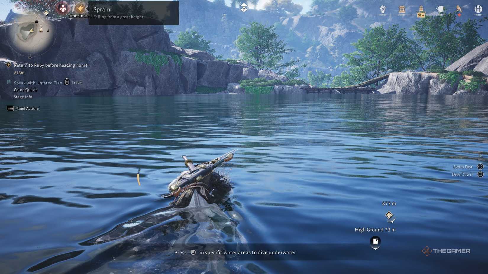 A character swimming with a warning about fall damage in Where Winds Meet.