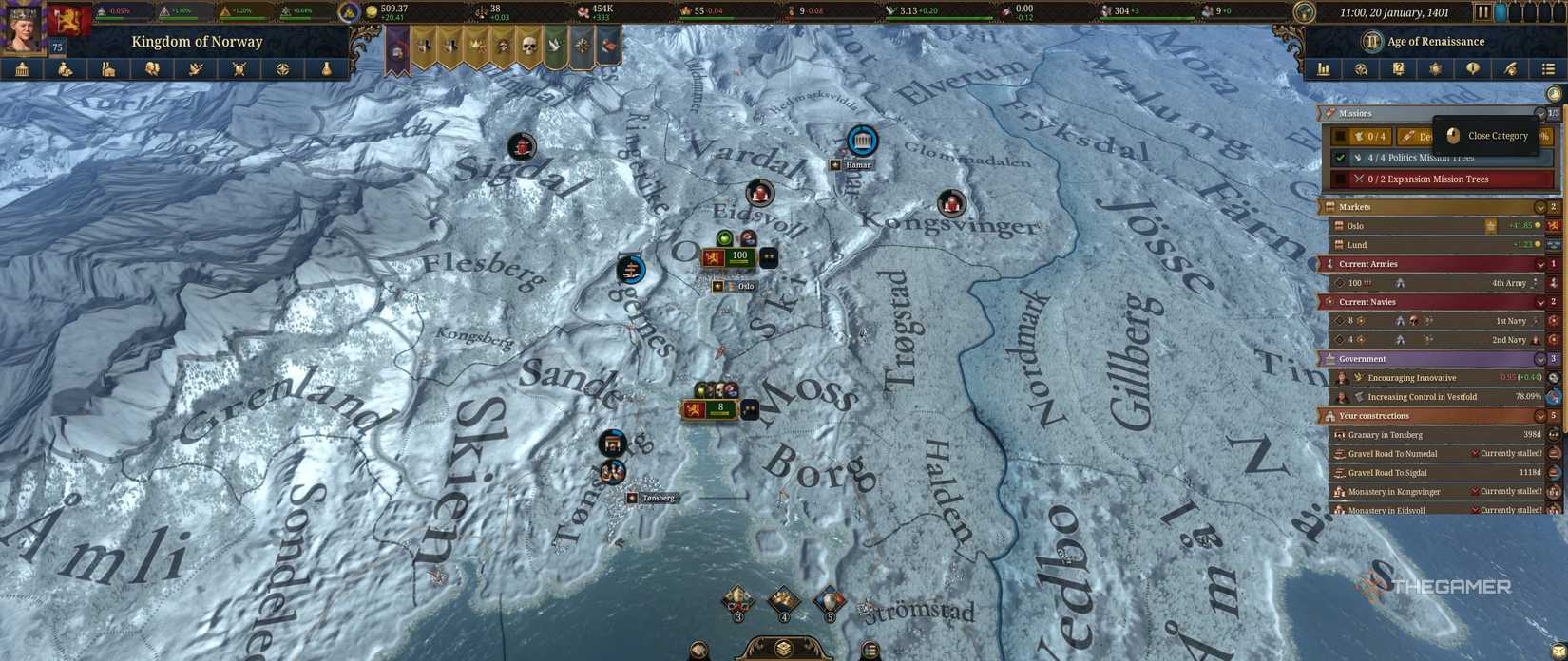 A closeup of Oslo in Norway in Europa Universalis 5.