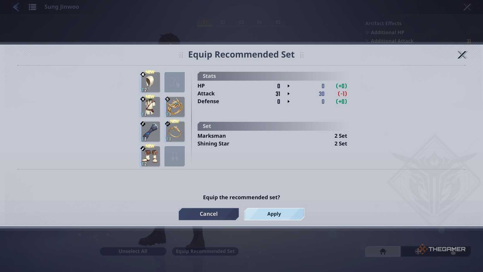 A recommended artifact set in Solo Leveling Arise Solo.