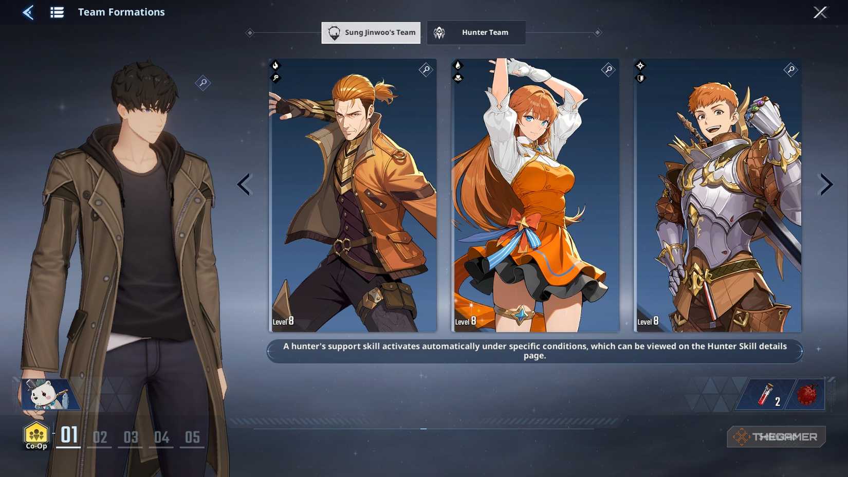 A team formation with the free Hunters unlocked with story progression in Solo Leveling Arise Overdrive.